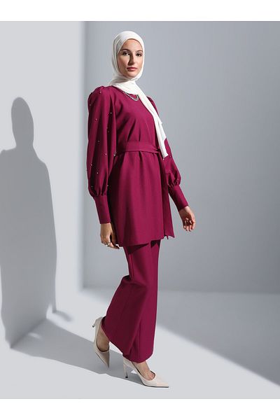 Refka Stone and Button Detailed Evening Dress Set - Cherry -