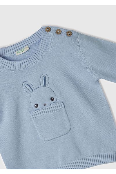 United Colors of Benetton Baby Light Blue Rabbit Printed Shoulder Buttoned Patch Pocket Sweater
