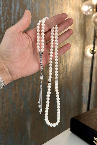 dergah tesbih 99' Quality Pearl Silver Tassel Rosary