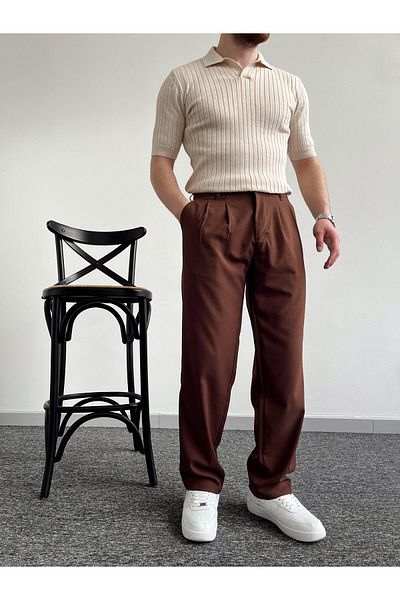 ketench Men's Baggy Cut Pleated Trousers - Elastic Waist, Brown (E1010)