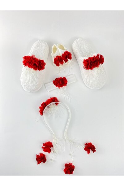 CT MODA Red Pearl Stoned Floral Maternity Crown, Slippers, Bandana, Baby Boot...