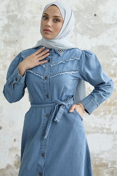 InStyle Rochie din denim cu margele cu ciucuri - Albastru