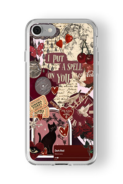 Space Star iPhone 6 ve 6s Uyumlu Dark Red Kolaj Tasarım Baskılı Şeffaf Kılıf