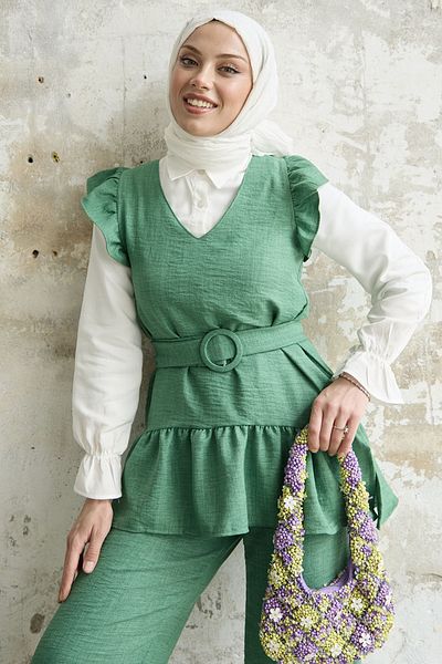 InStyle Three Pieces Set with Ruffles on the Shoulder - Green