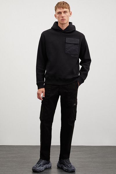 GRIMELANGE Ανδρικό φούτερ Nıgel Parachute Fabric 3 Thread Raster με κουκούλα, χαλαρωμένο μαύρο φούτερ