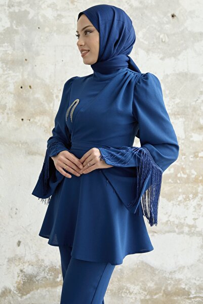 InStyle Püsküllü Kol Taşlı Krep Takım - Saks Mavisi