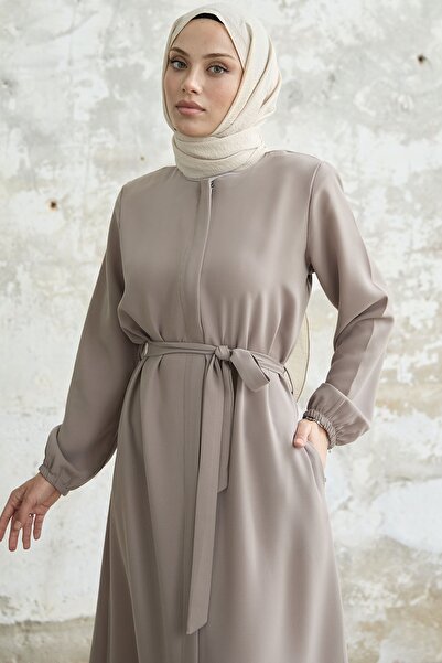 InStyle Kemerli Petek Kumaş Ferace - Bej