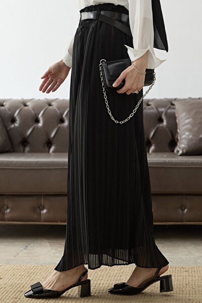 InStyle Öves, ráncos derékú sifonszoknya - fekete