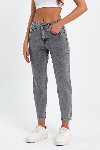 TRENDNATUREL Hily Snow Gray High Waist Soft Touch Comfortable Cut Mom Jean Jeans