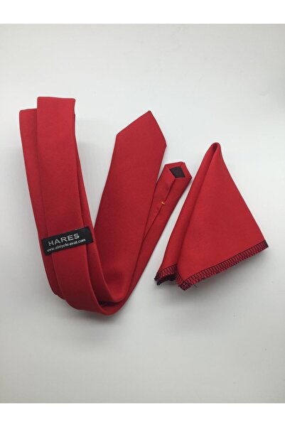 HARES Red Matte Dupont Satin Handmade Tie & Handkerchief