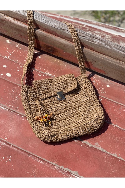 Sistaful El Örgüsü Vizon Hasır Postacı Çapraz Çanta