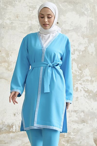 InStyle Set kimono cu modele de broderie - albastru