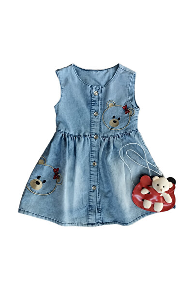 Cincır Baby Baby Girl's Bag Denim Dress - Front Button, Sleeveless Teddy Bear Embroidery Denim Dress