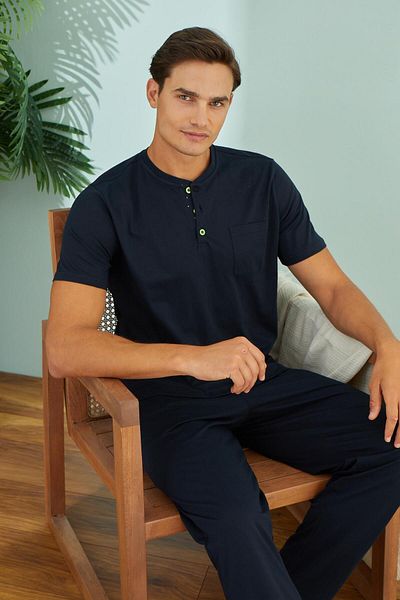 Sevim Men's Short Sleeve Navy Blue Pajamas Set C0T0N5O9