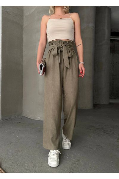 ModaWiser Women's New Season Flaming Linen Belt Tie-Up Detail Pants Green