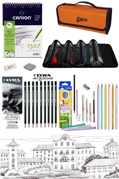 GLANCE Canson Sketchbook Charcoal Metalic Water Color Pencil 4 Section Orange Pencil Bag