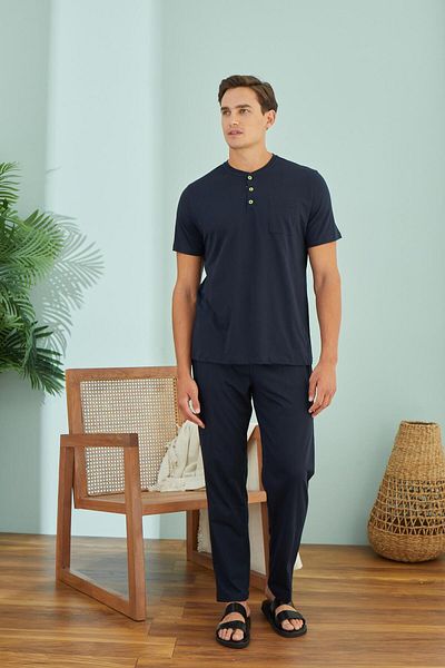 Sevim Men's Short Sleeve Navy Blue Pajamas Set C0T0N5O9