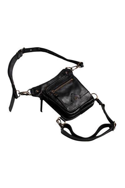 Crow'sRoom Hakiki Deri bel ve bacak çantası (Küçük model siyah deriye deri) K...