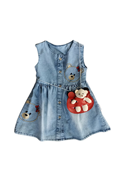 Cincır Baby Baby Girl's Bag Denim Dress - Front Button, Sleeveless Teddy Bear Embroidery Denim Dress
