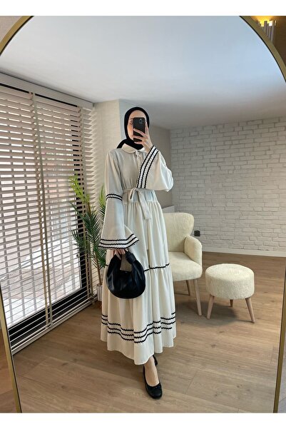 VOLT CLOTHİNG Dámské vyšívané lněné šaty s košilovým límečkem