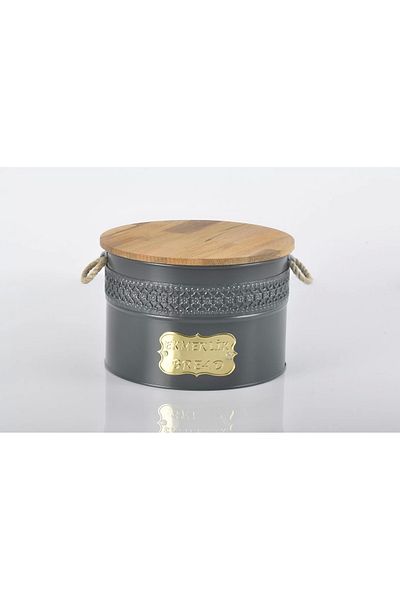 Evistro Metal Bread Bowl with Wooden Cutting Board and Wicker Handle Bread Bowl Anthracite