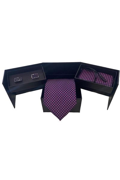 Sarar Micro Pattern Plum Tie Handkerchief Cufflink Set