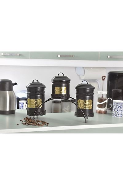 Evistro Metal Tea Coffee Candy Storage Container 3 Pieces with Stand Black