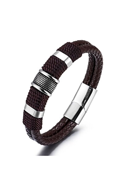 Tesbihane Brown Leather & Rope Silver Color 316l Quality Steel Combination/Mechanismed Avant-Garde Men's Bracelet
