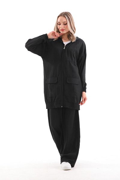 WestBound Γυναικείο Hijab Summer Trench Παντελόνι Κάτω Τοπ Διπλό Λινό Σετ - Μαύρο