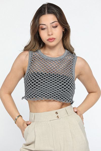 GÜLSELİ Dark Gray Crew Neck Mesh Women's Crop Top Knitted Sweater