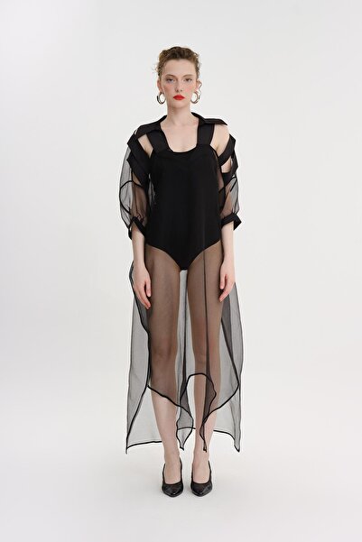 MİİN SİYAH ORGANZE TRANSPARAN MİDİ BOY ELBİSE