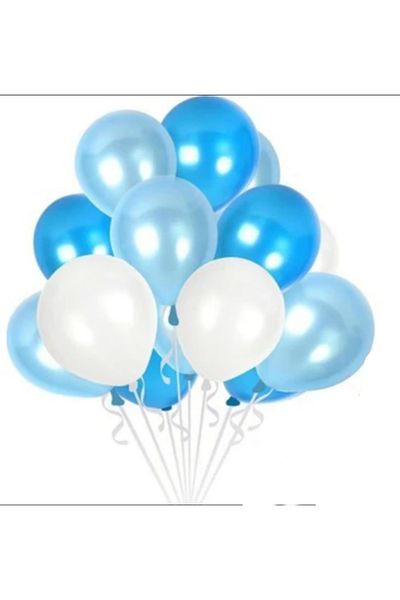 Deniz Party Store Metallic White Dark Blue Light Blue Balloon 15 Pieces