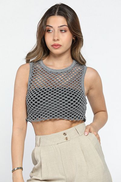 GÜLSELİ Dark Gray Crew Neck Mesh Women's Crop Top Knitted Sweater