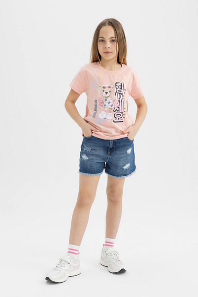 DeFacto Girl's Crew Neck Teddy Bear Printed Short Sleeve T-Shirt B5124A824Hs