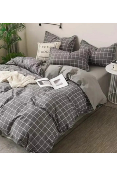 Sares Home Geometrik Desen Tek Kişilik Nevresim Takımı Füme Ekose Çift Taraflı Kullanım Çarşafı Düz Antrasitm