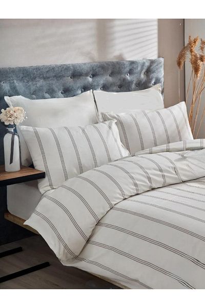 Sey Design Σετ κρεβατιού με ριγέ μοτίβο εκρού ριγέ διπλό σεντόνι διπλής όψης Απλό χρώμα εκρού
