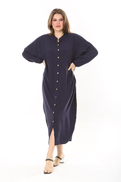 Şans Női nagy méretű sötétkék gombos elöl kényelmes szabású viszkóz ruha 65N37884