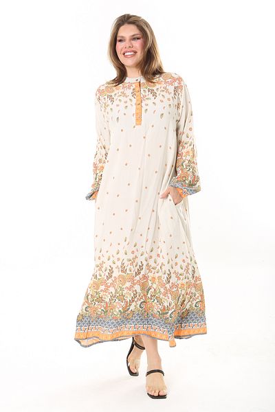 Şans Beiges Kleid aus gewebtem Viskosestoff mit Knopfleiste vorne und langen Ärmeln für Damen 65N36871