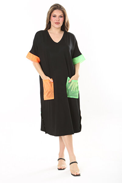 Şans Γυναικείο φόρεμα 65N37859, με μαύρο διχτυωτό πλέγμα και διακοσμητικό κουμπιά, λεπτομερή, χαλαρή εφαρμογή