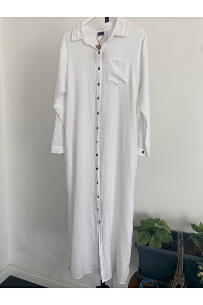 Bohemian Women's White Slit Long Sleeve Shirt Collar Organic Cotton Kaftan Kimono