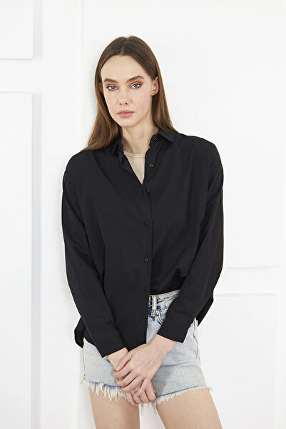 brako tekstil Kadın Siyah Oversize Uzun Basic Gömlek