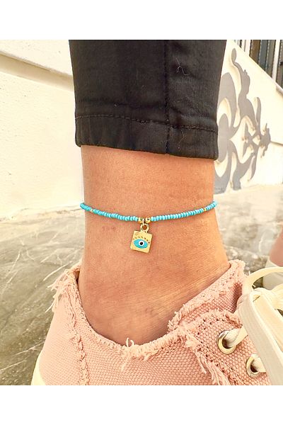 Atelier Çağla Blue Square Evil Eye Beaded Anklet