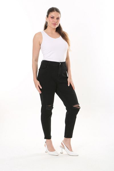Şans Women's Large Size Black Ripped Detailed 5-Pocket Lycra Jeans 65N37828