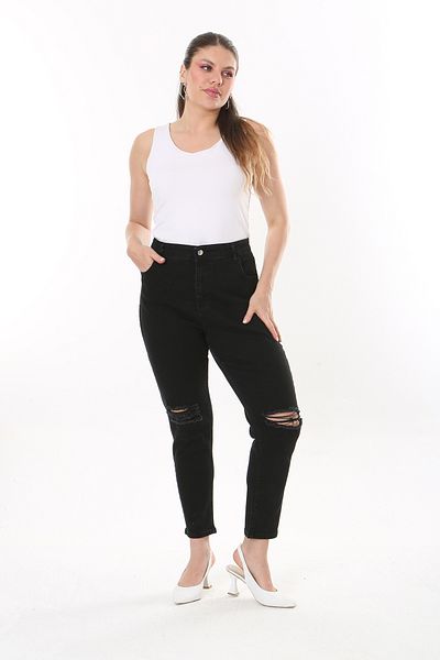Şans Women's Large Size Black Ripped Detailed 5-Pocket Lycra Jeans 65N37828