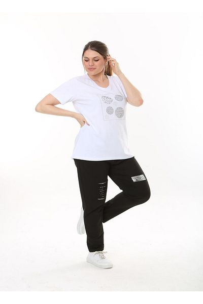 vividbutik Large Size V-Neck Front Jewelled T-Shirt