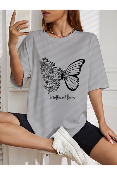 aynewmoda oversize floral butterfly printed printed T-shirt