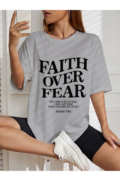 aynewmoda Oversize FAITH OVER FEAR printed printed T-shirt