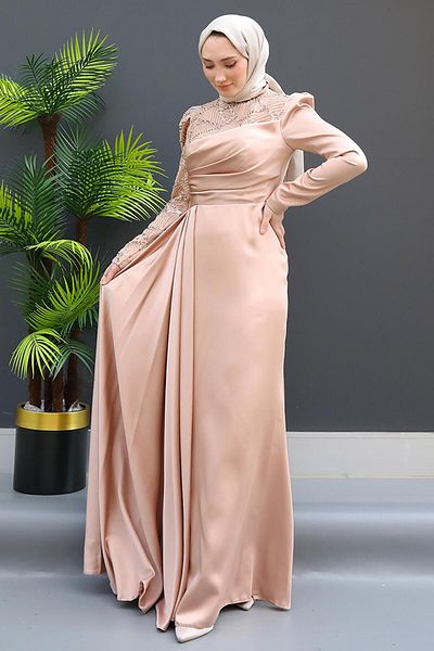 GİZ AGİYİM Afra Hijab Evening Dress Salmon