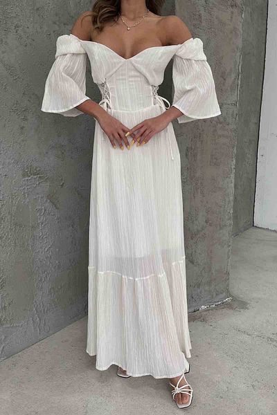 Seda Yalçın Atelier White Low Sleeve Underwire Seersucker Long Dress