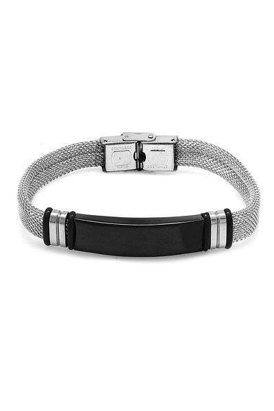Tesbihane Silver Color Steel Men's Straw Bracelet with Black Background